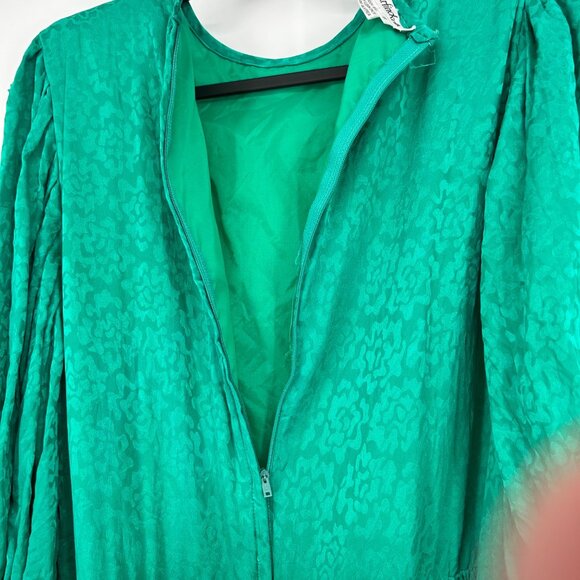 Vtg Garfinckels Green Silk Dress 80s Womens 6 Jacquard Print Puff Sleeve Pleated - Picture 6 of 12